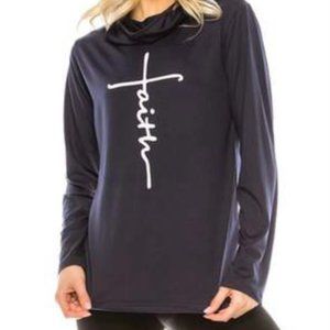 T shirt-Long sleeves-HAUTE-Women Med- FAITH Print -Cowl Neck Mask Top-NEW